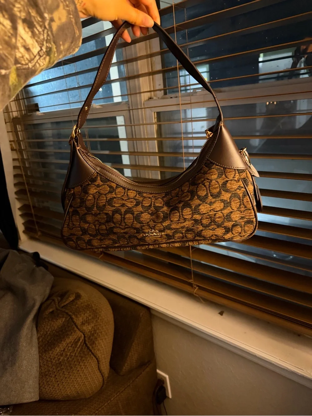Coach Brown Signature Jacquard Crescent Shoulder Bag - Picture 2 of 5